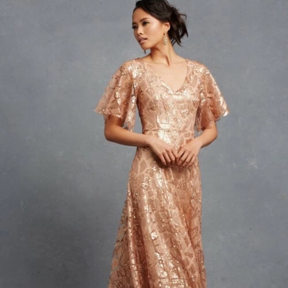 DONNA MORGAN Camilla Sequin Flutter Sleeve Gown OYSTER 10 Sequin Rose Gold
